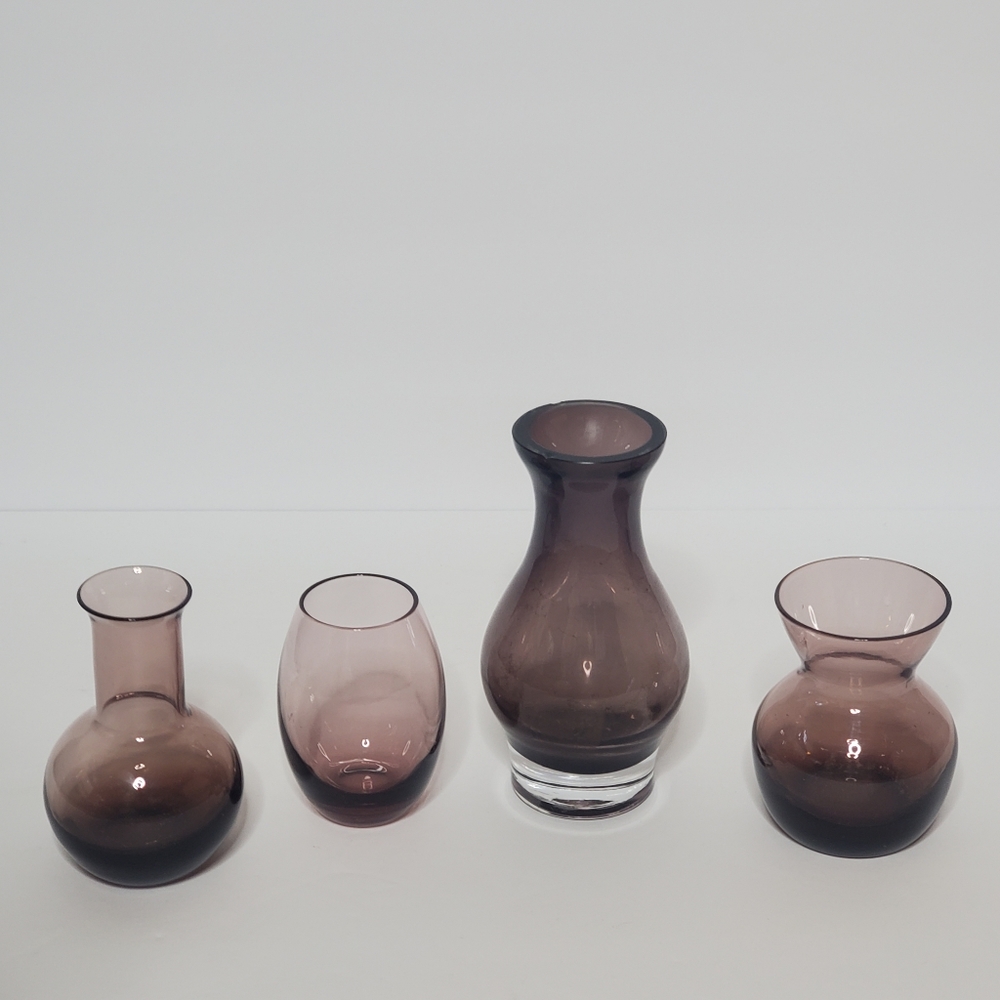 Vintage Purple Amethyst Art Glass Bud Vases, Lot Of 4 - One is flawed